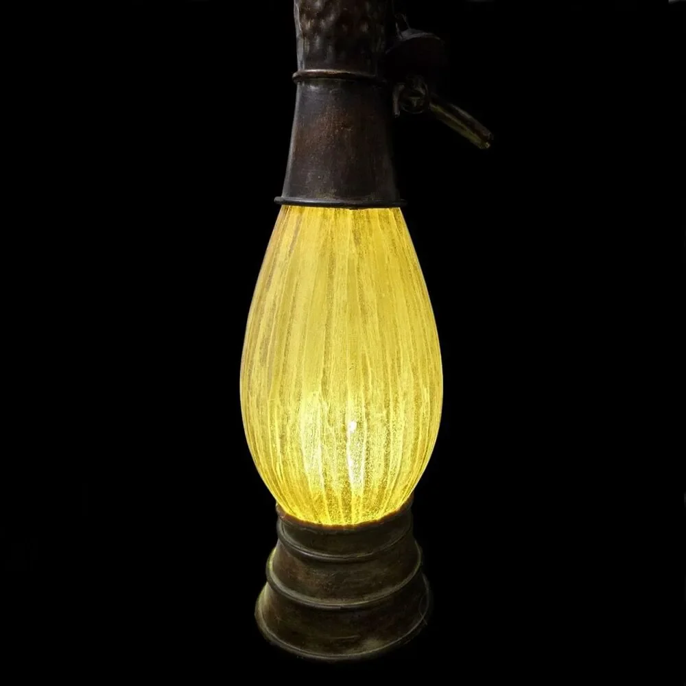 Vintage Decorative Decanter Urn Frosted Ribbed Glass & Metal w/ Horn Lid & Chain